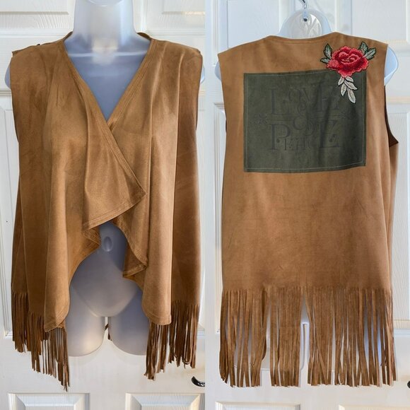 Tan Fringe Boho Vest With Embroidered Rose & Love & Peace Back Print OS - Picture 1 of 8